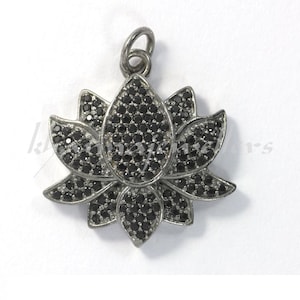 Lotus 92.5 Silver Black Spinel Pendant .925 Oxidized Sterling Silver Black Spinel Pendant, Genuine handmade pave Black Spinel Pendant