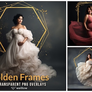 May include: A set of 25 gold geometric frames, perfect for adding a touch of elegance to your photos. The frames are transparent PNG overlays, so you can easily layer them over your images. The frames are available in a variety of shapes and sizes, so you can find the perfect one for your needs.  "Golden Frames" and "25 Transparent PNG Overlays" are written in the image.