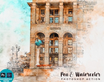 Pen and Watercolor Photoshop Action | Unique Pen Sketch and Watercolor Painting Actions | Painterly Action | Watercolor Photoshop Effect