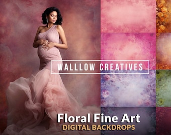 May include: A set of six digital backdrops featuring floral designs in various colors, including pink, purple, green, and orange. The backdrops are perfect for photographers and graphic designers looking to create beautiful and unique images. "WALLOW CREATIVES" and "Floral Fine Art DIGITAL BACKDROPS" are printed on the image.