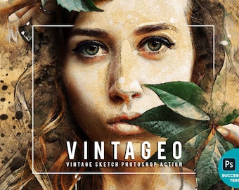 May include: A vintage sketch Photoshop action called "Vintageo" with a woman's face and green leaves. The image has a textured background with brown and black paint splatters.
