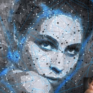 May include: A digital art portrait of a person with blue and white lines forming a geometric pattern over their face. The background is a grey and white abstract design.
