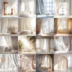 May include: A collection of images showcasing flowing, white curtains in various settings. The curtains are draped in different styles, with some framing windows and others used as backdrops. The lighting highlights the fabric's texture and creates soft shadows.