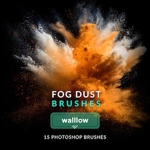 Op de afbeelding: Een abstracte afbeelding van een wolk van oranje en wit nevelstof tegen een zwarte achtergrond. De tekst "FOG DUST BRUSHES" wordt weergegeven in wit en blauwgroen. Daaronder staat een groene rechthoek met het woord "walllow" en de tekst "15 PHOTOSHOP BRUSHES".