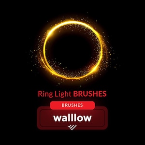 Puede incluir: Un efecto de pincel de luz anular dorado brillante con el texto "Ring Light BRUSHES" y "BRUSHES" en rojo sobre un botón rojo con el texto "wallow" en blanco.