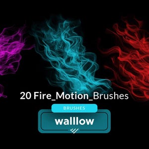 May include: 20 Fire Motion Brushes by Wallow. Three abstract brush strokes in pink, blue, and red on a black background.
