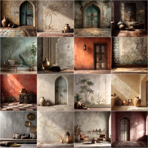 May include: A collage of sixteen images featuring interior design scenes with a vintage, rustic aesthetic. Each image showcases architectural elements like arched doorways, aged walls, and decorative vases, with a warm, earthy color palette.