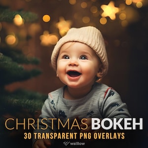 May include: A baby wearing a beige knitted hat looks up at a Christmas tree with twinkling lights. The image is titled "Christmas Bokeh" and says "30 Transparent PNG Overlays".