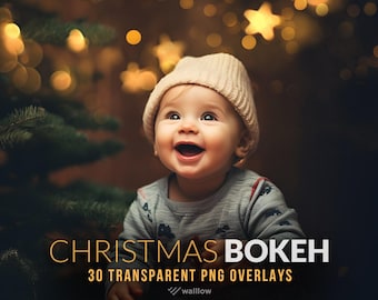 May include: A baby wearing a beige knitted hat looks up at a Christmas tree with twinkling lights. The image is titled "Christmas Bokeh" and says "30 Transparent PNG Overlays".