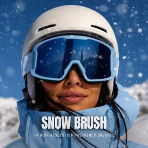 May include: A person wearing a white ski helmet and blue goggles, with the text "SNOW BRUSH" and "14 HIGH RESOLUTION PHOTOSHOP BRUSHES" overlaid. The background shows a snowy mountain scene.