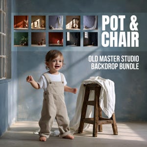 May include: A child wearing beige overalls and a white t-shirt stands next to a rustic wooden stool draped with a white cloth. The background features a grid of ten varied studio backdrops with the text POT & CHAIR OLD MASTER STUDIO BACKDROP BUNDLE.