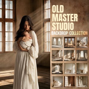 Peut inclure: Une collection numérique intitulée OLD MASTER STUDIO BACKDROP COLLECTION présentant douze scènes d'intérieur variées avec lumière naturelle, fenêtres, rideaux et détails architecturaux, affichée avec une photo d'une personne tenant un bébé.