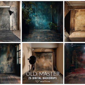 May include: A collection of six digital backdrops featuring different textured walls and floors. The backdrops are designed to look like old, worn-out spaces with a vintage aesthetic. The text "OLD MASTER 25 DIGITAL BACKDROPS" is displayed in the centre of the image.