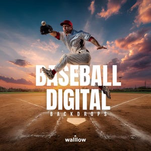 Può includere: Un giocatore di baseball in uniforme bianca e rossa salta per prendere una palla contro un cielo al tramonto. L'immagine include il testo "BASEBALL DIGITAL BACKDROPS" e il logo wallow.