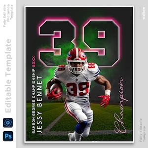 Op de afbeelding: Een zwarte en groene sportposter met een American footballspeler die een wit shirt draagt met nummer 39. De speler rent met de voetbal in zijn hand. De poster heeft de tekst "SAMSON GEORGE CHAMPIONSHIP 20XX" en "JESSY BENNET" erop. Het nummer 39 is in roze neon en de tekst "Champion" is in cursief geschreven.