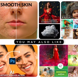 Puede incluir: Un collage de im&aacute;genes que muestran acciones y pinceles de Photoshop para la edici&oacute;n de fotos. La imagen superior izquierda muestra una comparaci&oacute;n antes y despu&eacute;s de la piel de una persona, demostrando la acci&oacute;n de Photoshop "Smooth Skin". La imagen superior derecha presenta a una mujer con un vestido rojo con confeti dorado cayendo a su alrededor, representando el paquete de superposiciones "Gold Confetti". La imagen inferior izquierda muestra una comparaci&oacute;n antes y despu&eacute;s de la cara de una persona, demostrando la acci&oacute;n "Hotspot Remover". La imagen inferior derecha presenta un collage de im&aacute;genes con superposiciones florales, representando el paquete "Floral Overlays".