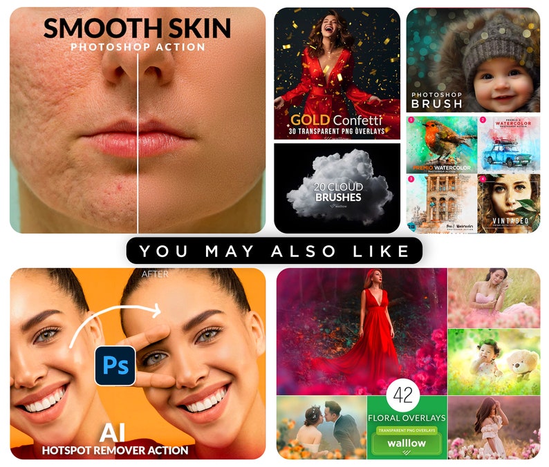 Puede incluir: Un collage de im&aacute;genes que muestran acciones y pinceles de Photoshop para la edici&oacute;n de fotos. La imagen superior izquierda muestra una comparaci&oacute;n antes y despu&eacute;s de la piel de una persona, demostrando la acci&oacute;n de Photoshop "Smooth Skin". La imagen superior derecha presenta a una mujer con un vestido rojo con confeti dorado cayendo a su alrededor, representando el paquete de superposiciones "Gold Confetti". La imagen inferior izquierda muestra una comparaci&oacute;n antes y despu&eacute;s de la cara de una persona, demostrando la acci&oacute;n "Hotspot Remover". La imagen inferior derecha presenta un collage de im&aacute;genes con superposiciones florales, representando el paquete "Floral Overlays".