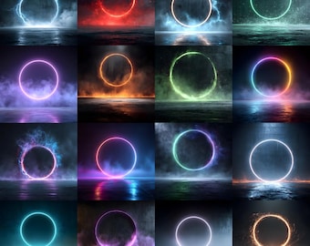 60 Neon Ring Sports Digital Backdrops, Glow Circle Portal Backgrounds, Fog Smoke Sports Photo Overlays, Cinematic Gym Poster Background