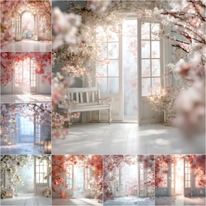 100 Backlit French Doors Digital Backdrops, Backlit Floral Studio Digital Background overlays for Maternity, wedding, Newborn Photography