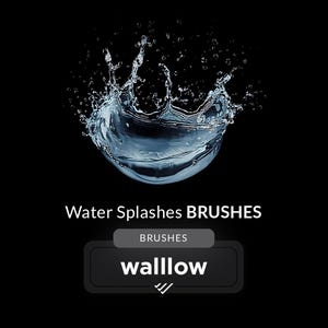 May include: A digital graphic featuring a splash of water against a black background. The text "Water Splashes BRUSHES" is displayed above a rectangular box with the word "wallow" in white.