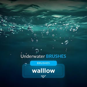 Könnte beinhalten: Ein blauer Knopf mit dem Text "wallow" darauf. Der Knopf ist mit "Brushes" beschriftet und Teil eines Sets "Underwater Brushes".