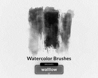 May include: Black and gray watercolor brush strokes on a white textured background. The text "Watercolor Brushes" is below the strokes. A gray rectangle with the text "BRUSHES" and "wallow" is below the text.