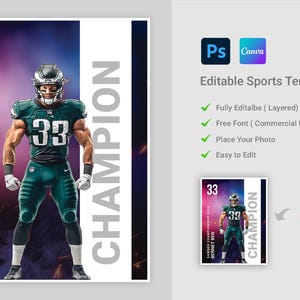 Op de afbeelding: Bewerkbare sporttemplate met een American footballspeler die een groen-wit uniform draagt met nummer 33. De tekst "SAMSON CHAMPIONSHIP 20XX BENNET BEN" en "CHAMPION" staan op de template.