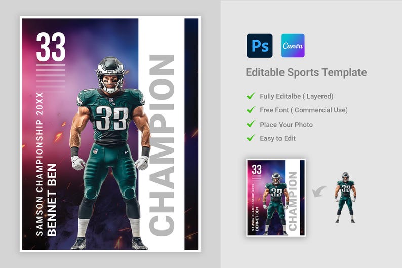 Op de afbeelding: Bewerkbare sporttemplate met een American footballspeler die een groen-wit uniform draagt met nummer 33. De tekst "SAMSON CHAMPIONSHIP 20XX BENNET BEN" en "CHAMPION" staan op de template.