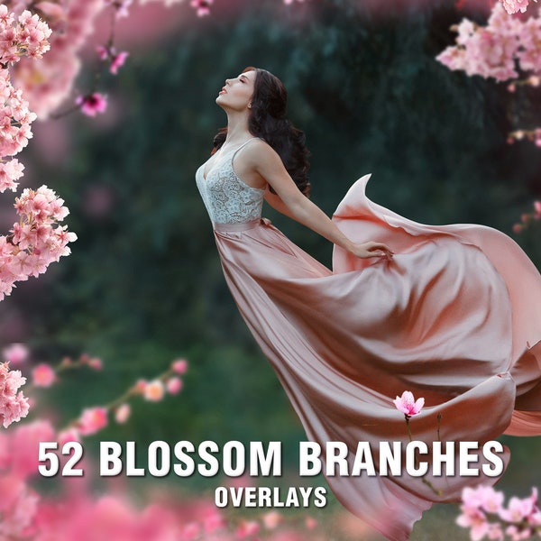 52 Painted blossom branches photo overlays, Cherry blossom, Wedding overlays, Flowering tree branches, Floral overlays, Spring overlay, PNG