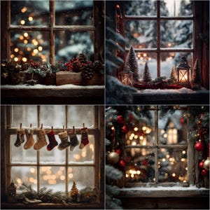 May include: Four images of Christmas window scenes. The windowsills are decorated with pinecones, berries, miniature Christmas trees, lanterns, and baubles. Snow is visible outside the windows, and some windows have fairy lights.