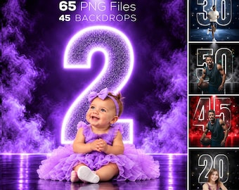 65 Birthday Numbers Overlays and backdrops, Number Effects PNG, Birthday PNG, Party Number Light Effects, Photo Editing Overlays