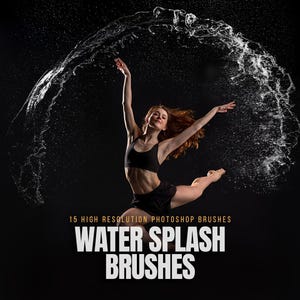 Könnte beinhalten: Eine Frau in schwarzer Sportkleidung springt durch einen Wasserspritzer vor schwarzem Hintergrund. Das Bild enthält den Text "15 High Resolution Photoshop Brushes" und "Water Splash Brushes".