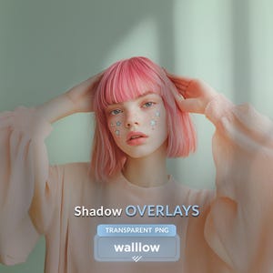 Könnte beinhalten: Eine Frau mit pinken Haaren trägt ein hellrosa Hemd mit dem Text "Shadow Overlays" und "Transparent PNG" und dem Wort "wallow" in einem blauen Kasten.