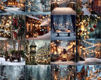 Pacote com 80 fundos digitais natalinos para ambientes externos | Floresta nevada de inverno, fundos fotográficos natalinos com atmosfera melancólica e artística.