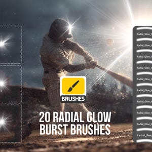 Puede incluir: Imagen que muestra 20 pinceles de brillo radial. La imagen presenta a un jugador de béisbol bateando, con un efecto de luz brillante. El texto dice "20 RADIAL GLOW BURST BRUSHES". También se muestra una selección de estilos de pinceles.