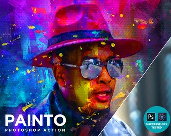 May include: A colorful abstract portrait of a person wearing a pink hat and sunglasses. The image is created with a paint splatter effect and has a vibrant, artistic style. The text "PAINTO PHOTOSHOP ACTION" is at the bottom of the image.
