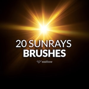 以下が含まれることがあります： 中心から光線が放射状に広がる明るい黄色の太陽の光。太陽の光の真下に「20 SUNRAYS BRUSHES」という白い文字が書かれている。「BRUSHES」の文字の下に白い文字で「wallow」と書かれている。
