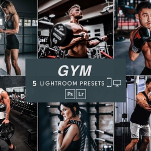 May include: A collage of images featuring people working out in a gym. The images show people lifting weights, boxing, and using gym equipment. The text "GYM 5 LIGHTROOM PRESETS" is displayed in the center of the collage.