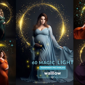 May include: A set of 60 digital overlays featuring glowing light effects with sparkling particles. The overlays are perfect for adding a magical touch to photos. The text "60 Magic Light" and "Wallow" is visible in the image.