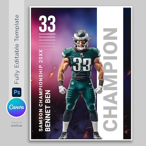 Op de afbeelding: Een American footballspeler die een groen en wit shirt draagt met nummer 33. De speler staat voor een paarse en rode achtergrond met vlammen. De tekst "SAMSON CHAMPIONSHIP 20XX" en "BENNET BEN" staat aan de linkerkant van de afbeelding. De tekst "CHAMPION" staat aan de rechterkant van de afbeelding.