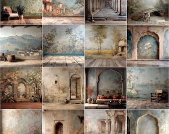 Peut inclure: Une collection d'images créées numériquement présentant diverses scènes intérieures et extérieures. Les images présentent des éléments architecturaux, des paysages et des détails décoratifs, avec un accent sur l'esthétique vintage et artistique. La palette de couleurs comprend des tons sourds et un éclairage doux.