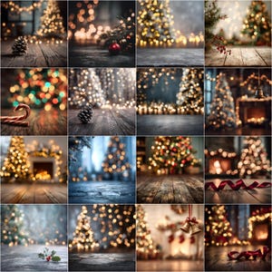 May include: A collage of Christmas-themed images featuring decorated Christmas trees, twinkling lights, and festive decorations. The images showcase a variety of settings, including rustic wooden surfaces and cozy indoor scenes, evoking a warm and celebratory atmosphere.