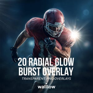 May include: An American football player in a red uniform, helmet, and gloves, running with the ball. The image has the text "20 RADIAL GLOW BURST OVERLAY" and "TRANSPARENT PNG OVERLAYS".