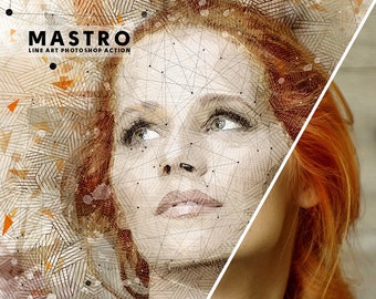 Peut inclure: Illustration numérique d'un visage de femme avec un motif géométrique superposé. L'image est dans des tons de brun, orange et noir. Le texte "MASTRO LINE ART PHOTOSHOP ACTION" est en haut de l'image.