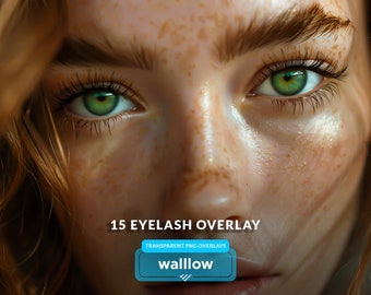May include: Close-up of a woman's face with green eyes and freckles. The image is used to advertise a set of 15 eyelash overlays, with the text "15 EYELASH OVERLAY" and "TRANSPARENT PNG OVERLAYS" visible at the bottom of the image. The text "wallow" is also visible in a blue box.