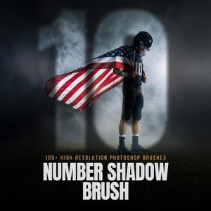 May include: A digital graphic featuring a football player in a black uniform draped in an American flag, standing before a large, glowing number ten. The text reads 100+ HIGH RESOLUTION PHOTOSHOP BRUSHES NUMBER SHADOW BRUSH in white and orange.
