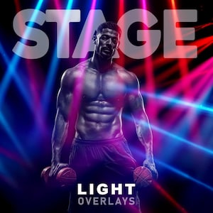 May include: A muscular person holding two weights, with the word "STAGE" in large white letters at the top. The words "LIGHT OVERLAYS" are at the bottom. The background features blue, red, and purple light beams.
