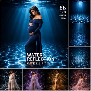 Puede incluir: Una colección digital de 65 archivos PNG y JPEG con superposiciones de reflejos de agua. Las imágenes muestran varias figuras embarazadas con vestidos largos sobre fondos submarinos en azul, morado, dorado y rosa con rayos de luz.