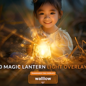 May include: A young girl holds a glowing lantern in her hands, surrounded by tall grass. The lantern emits a warm, golden light, creating a magical atmosphere. The image is titled "20 Magic Lantern Light Overlays" and includes the text "Transparent PNG Overlays" and "wallow".
