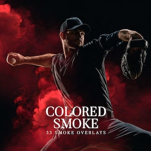 May include: A baseball player in a dark uniform and cap throwing a ball, surrounded by vibrant red smoke. The text COLORED SMOKE 33 SMOKE OVERLAYS is centered in white lettering against the dark background, highlighting the visual effect.